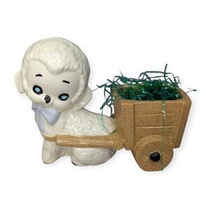Vintage Ceramic Lamb Sheep w/Wagon Easter Planter/Figure 6" x 3" x 4.5"